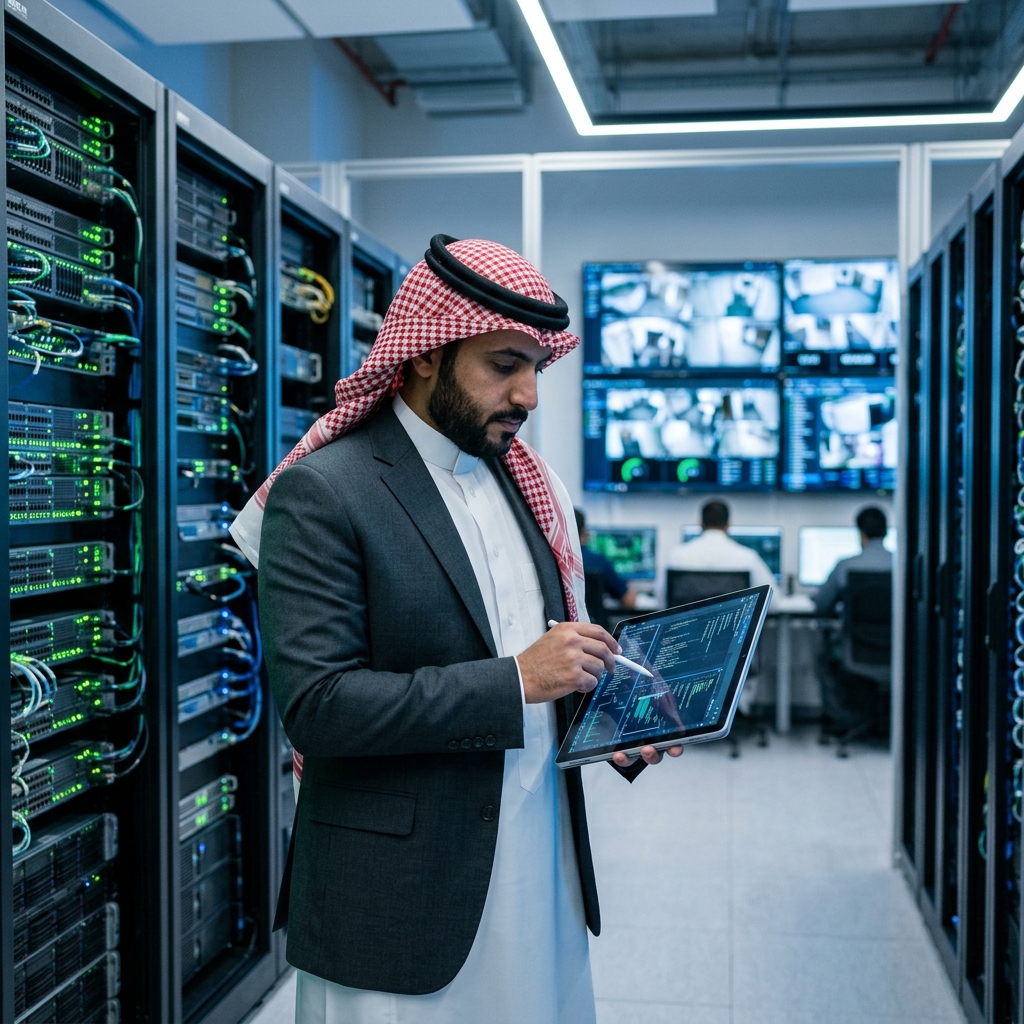 Saudi IT professional in an industrial server room